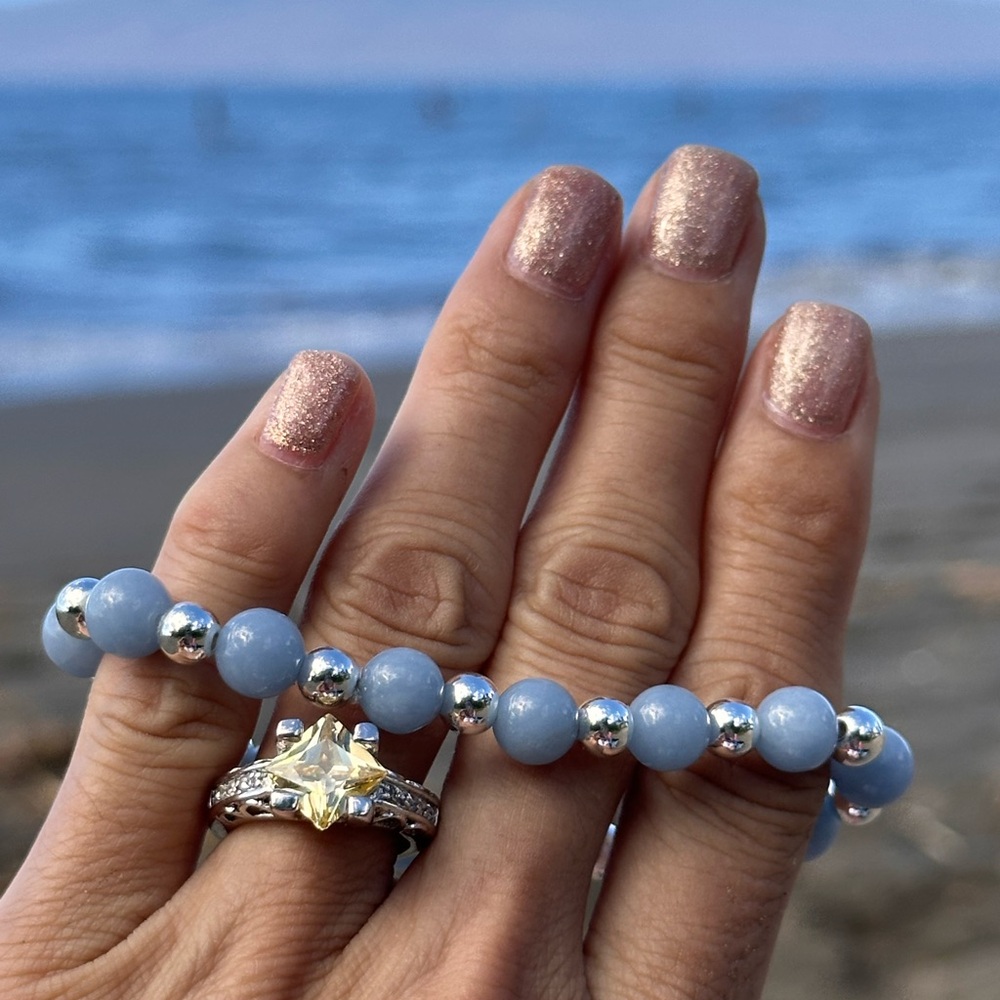 Sky Blue Angelite Beaded Stretch Bracelet Sterling Silver Handmade Bracelet